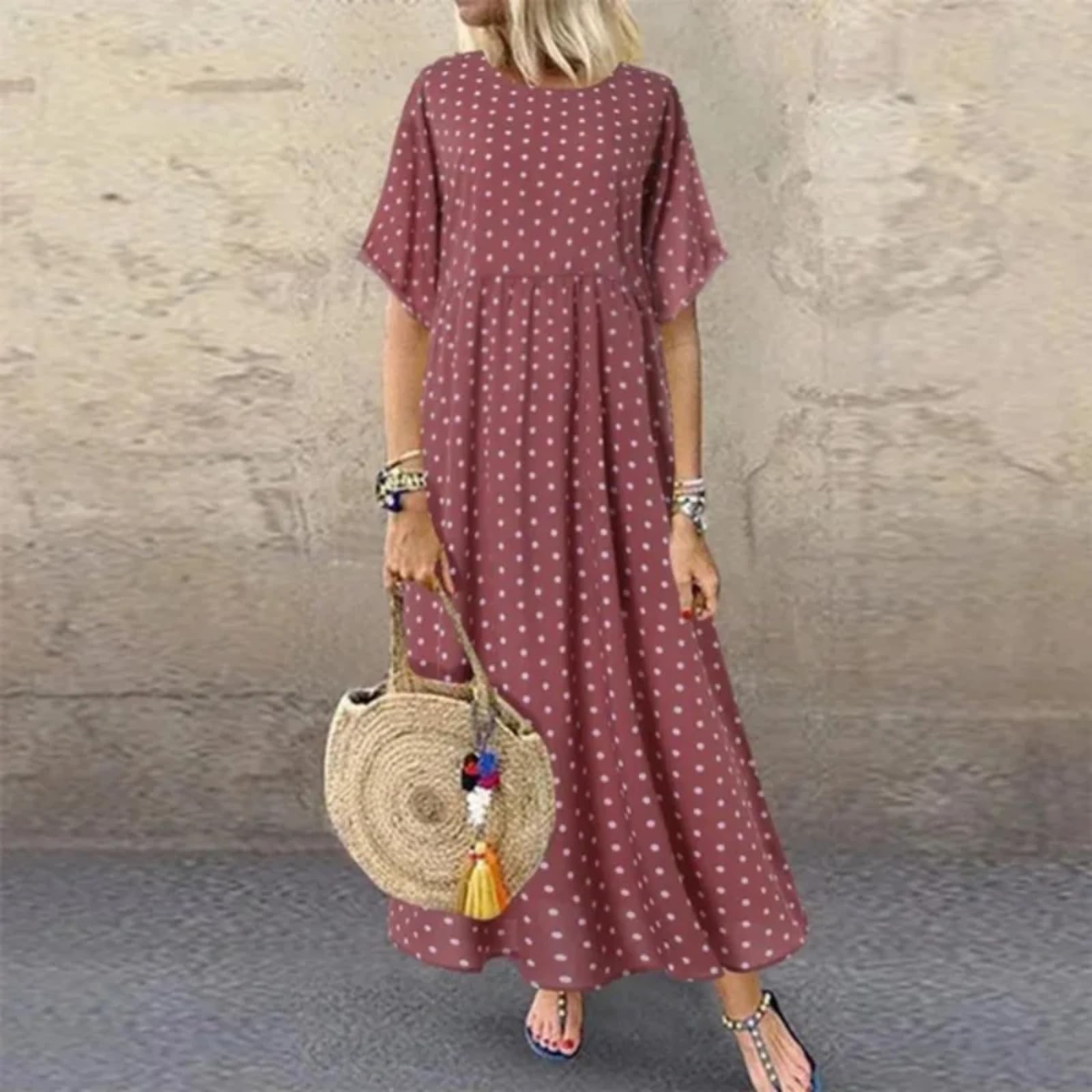 Abito Vintage Stampato Estate a Maniche Mezze Abito Largo Casual Donna Plus Size Vestito Lungo Grandi Vesti Vesti