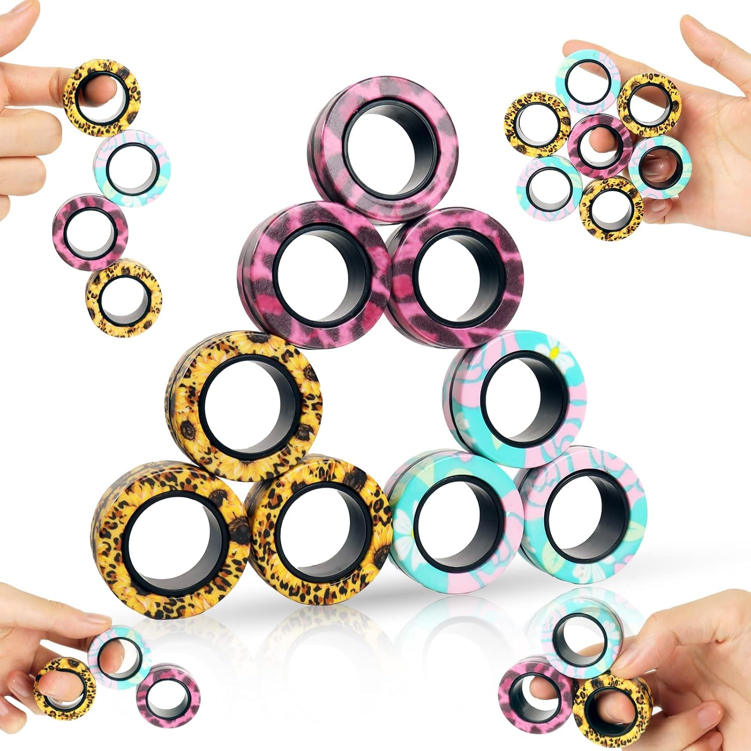 9Pcs Fidget toys pack - Stress Relief Magnetic Rings for Man Woman Teens Kids Boys Girls Anxiety, Funny Christmas Stocking Stuffers Gifts Party Favors (E)