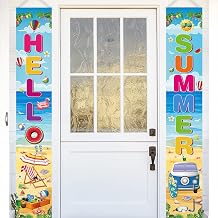 Hello Summer Porch Sign, 2 Pcs Summer Door Banner Set for Beach Pool Hawaiian Luau Party Decorations, 71 x 12 Inch Each
