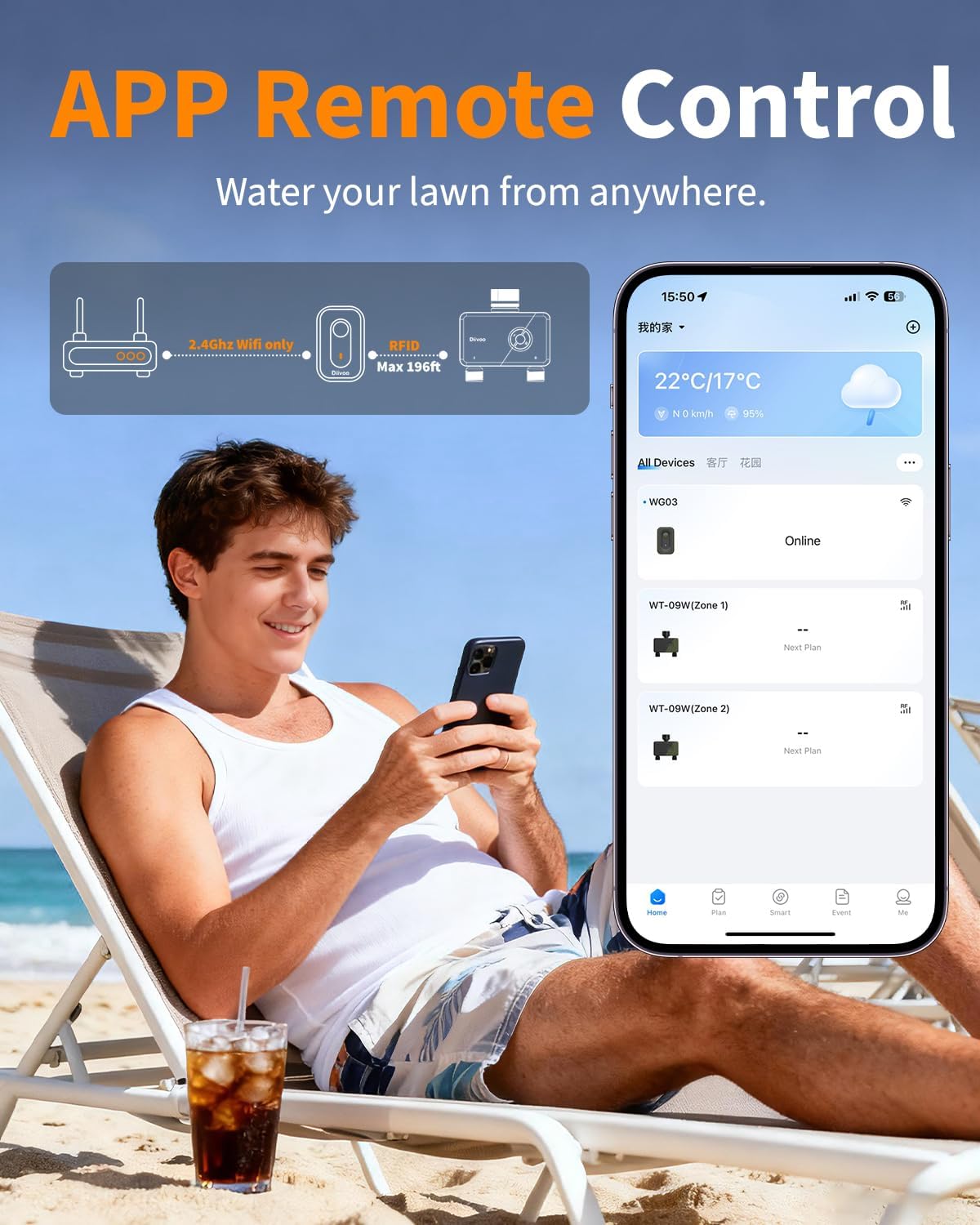 Man on beach using phone to control Diivoo WiFi Sprinkler Timer