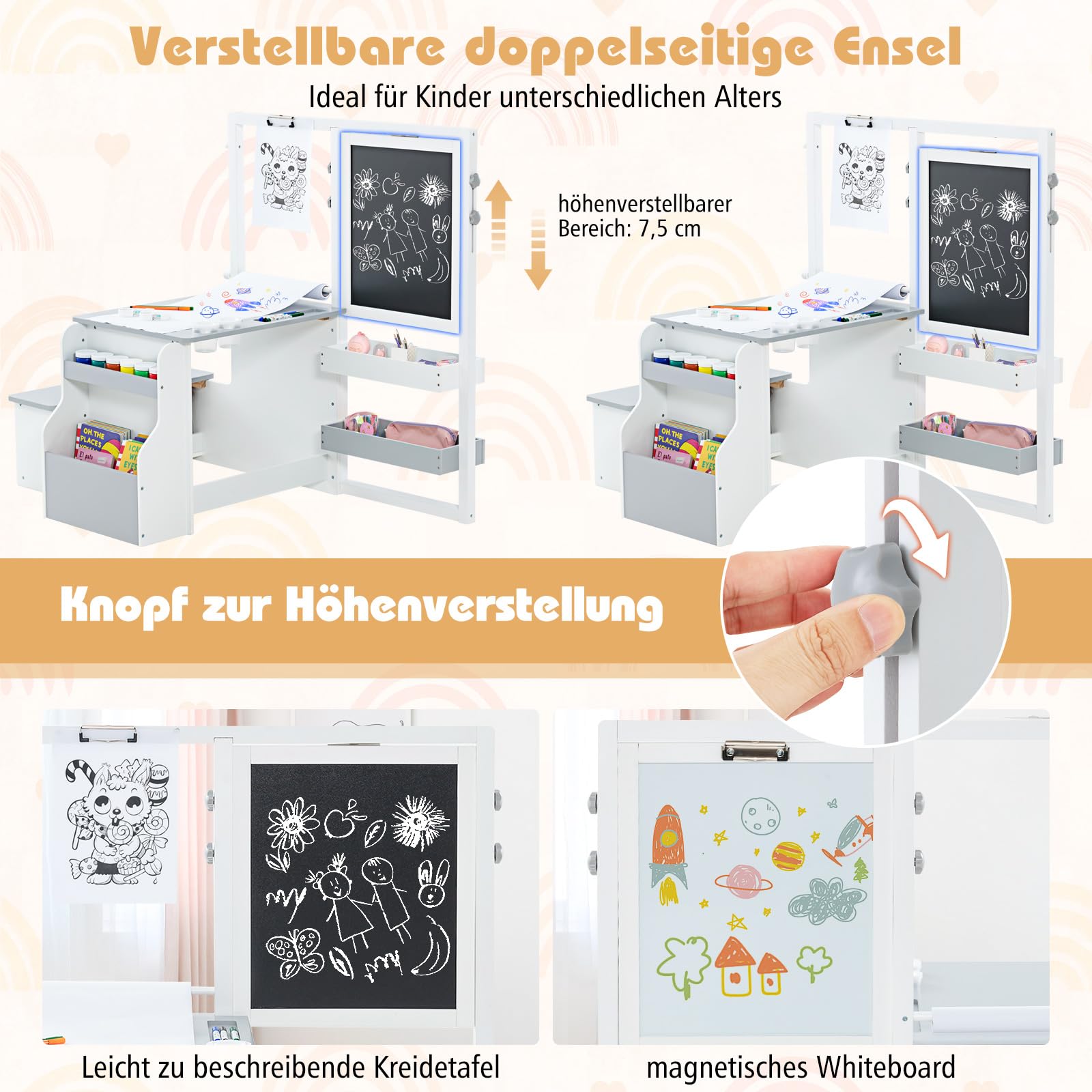 DREAMADE 3 in 1 Kindersitzgruppe, Höhenverstellbares Tisch Stuhl Set Mit Strauraum, Papierrolle, Ablagefächer & Bücherregal, Staffelei Maltisch Set Für Kinder Ab 3 Jahren (Grau+Weiß)