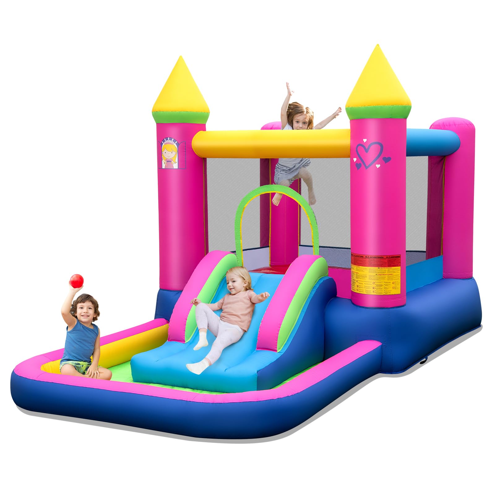 GYMAX Castello Gonfiabile per Bambini, Carino Castello della Principessa con Scivolo, Pozzetto di Palline, Canestro da Basket, Borsa da Trasporto, Gonfiabile per Interni/Esterni senza Ventilatore