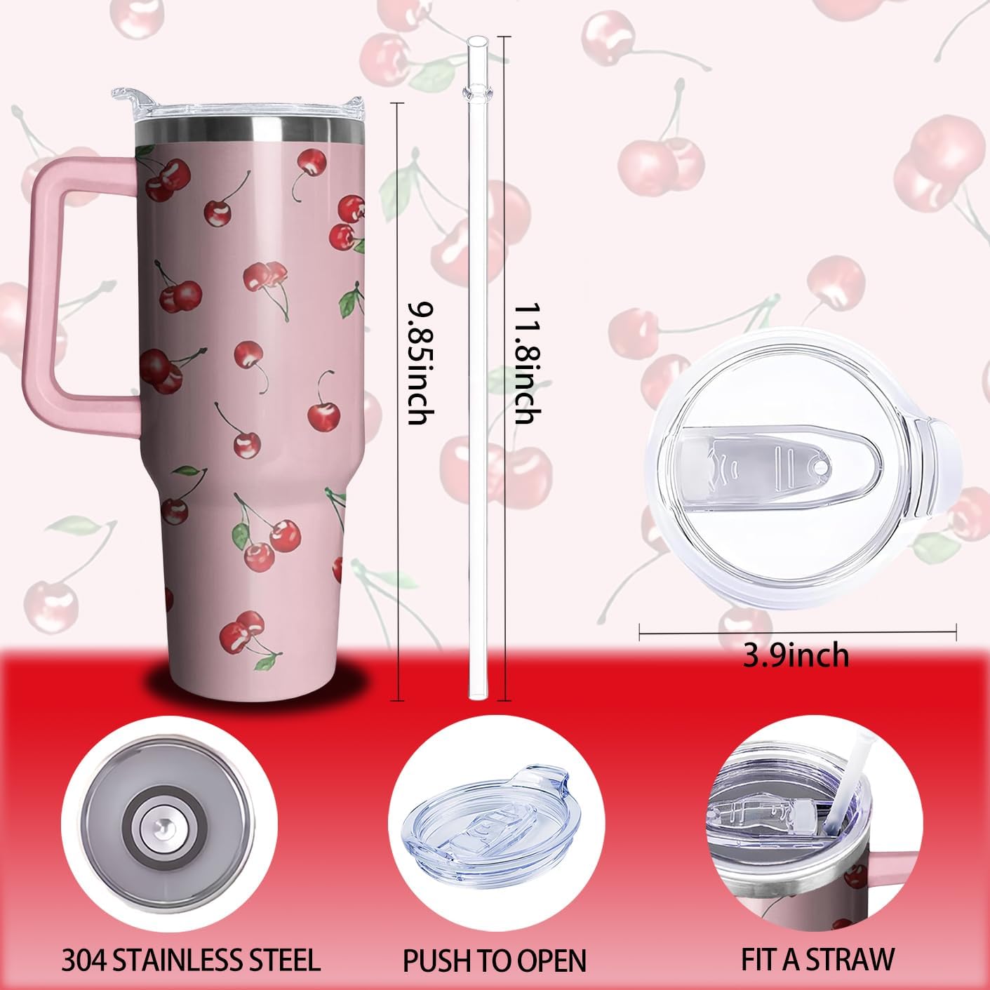 40oz Cherry Tumbler with Handle and Straw, Stainless Steel Insulated Cup with Lid and Straw, Travel Coffee Mug Water Bottle, Birthday Mothers Day Gifts for Women Men Cherry Lovers - Image 2