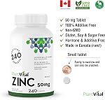 PlantVital Zinc Supplements - High Potency 50mg - Immune Support, Healthy Bones, Hair, Nail and Skin with Zinc Gluconate - Canadian Made, Health Canada Licensed - Additive-Free - 240 Zinc Tablets