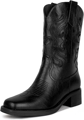 ISNOM Cowboy Cowgirl Boots for Women with Mid Calf Square Toe Comfortable Chunky Low Heeled Slip on Western Embroidery Boots for Country Concert Dancing Wedding Traveling Daily Outfits