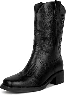 ISNOM Cowboy Boots Cowgir Boots for Women, Pointed Toe Chunky Heel Western Boots