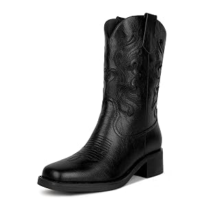 ISNOM Cowgirl Cowboy Boots for Women Western Square Toe Boots for Women Pull-on Tab No-Zipper and Unique Embroidery