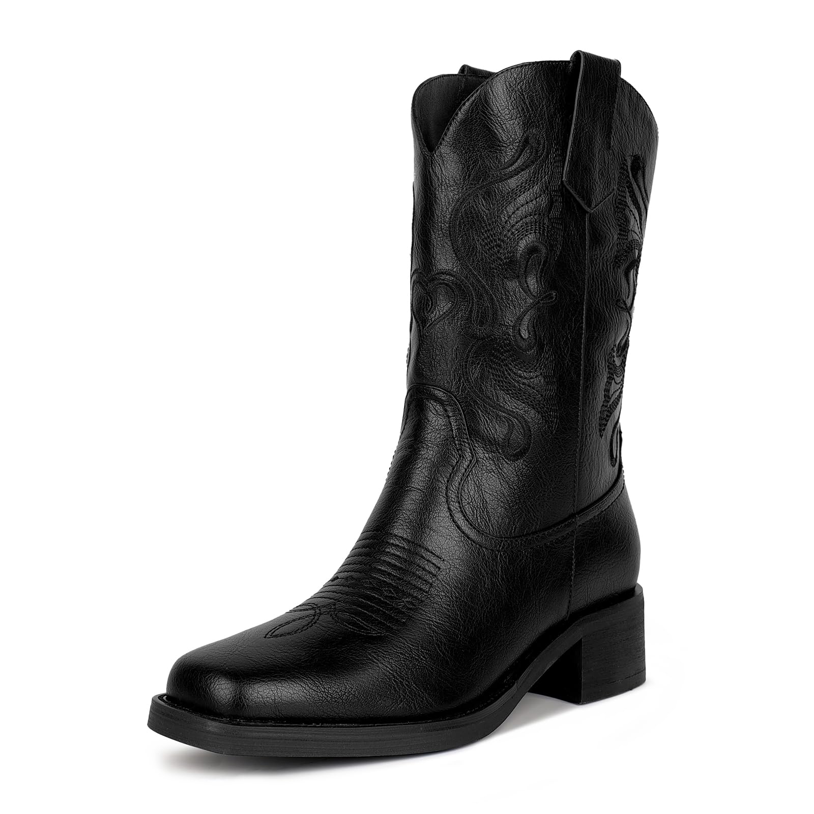 ISNOM Cowgirl Cowboy Boots for Women Western Square Toe Boots for Women Pull-on Tab No-Zipper and Unique Embroidery