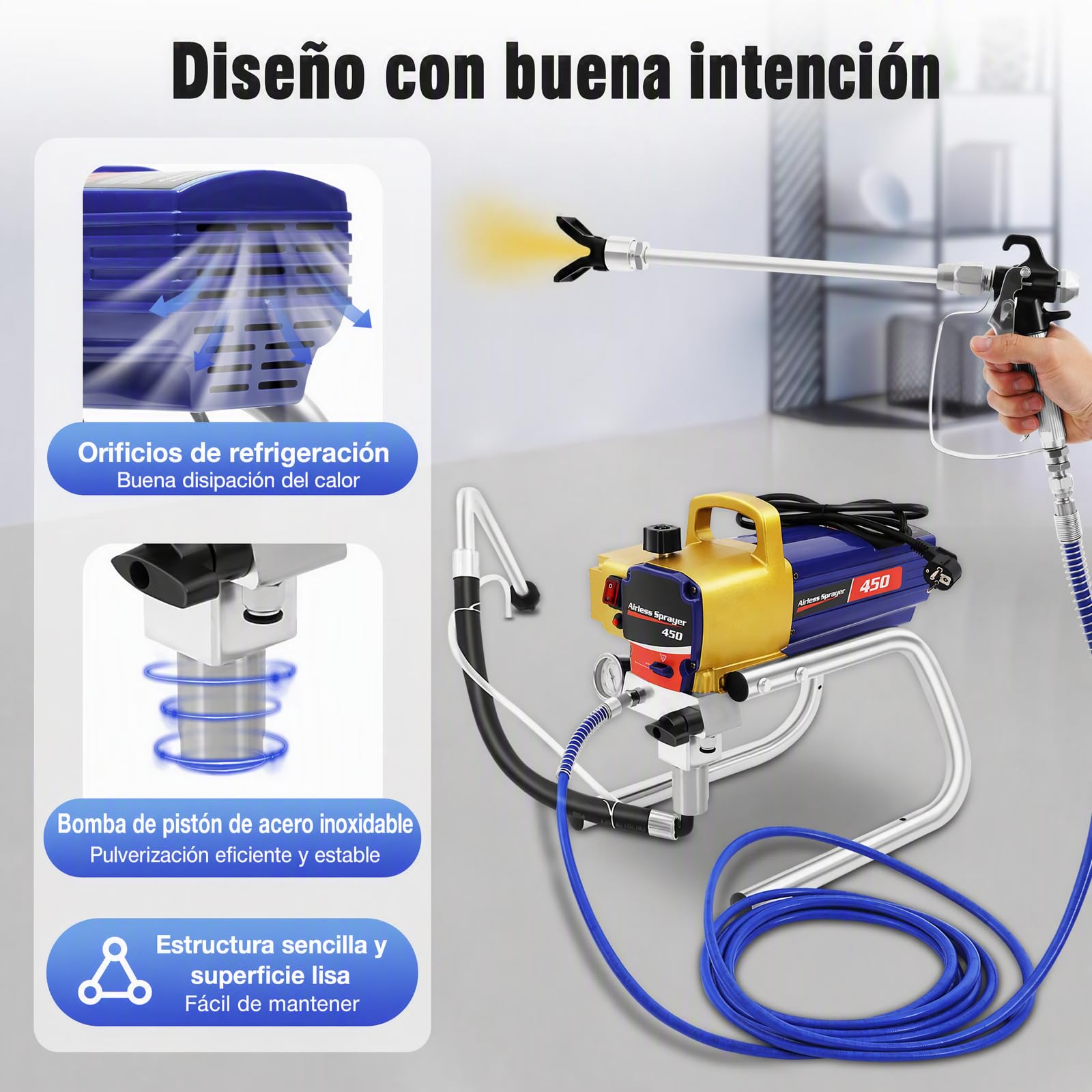 Sistema de pulverización de pintura Airless con manómetro, 1,5 kW, 2,2 L/min, pistola de pulverización sin aire, para interiores y exteriores, pulverizador de pintura portátil de acero