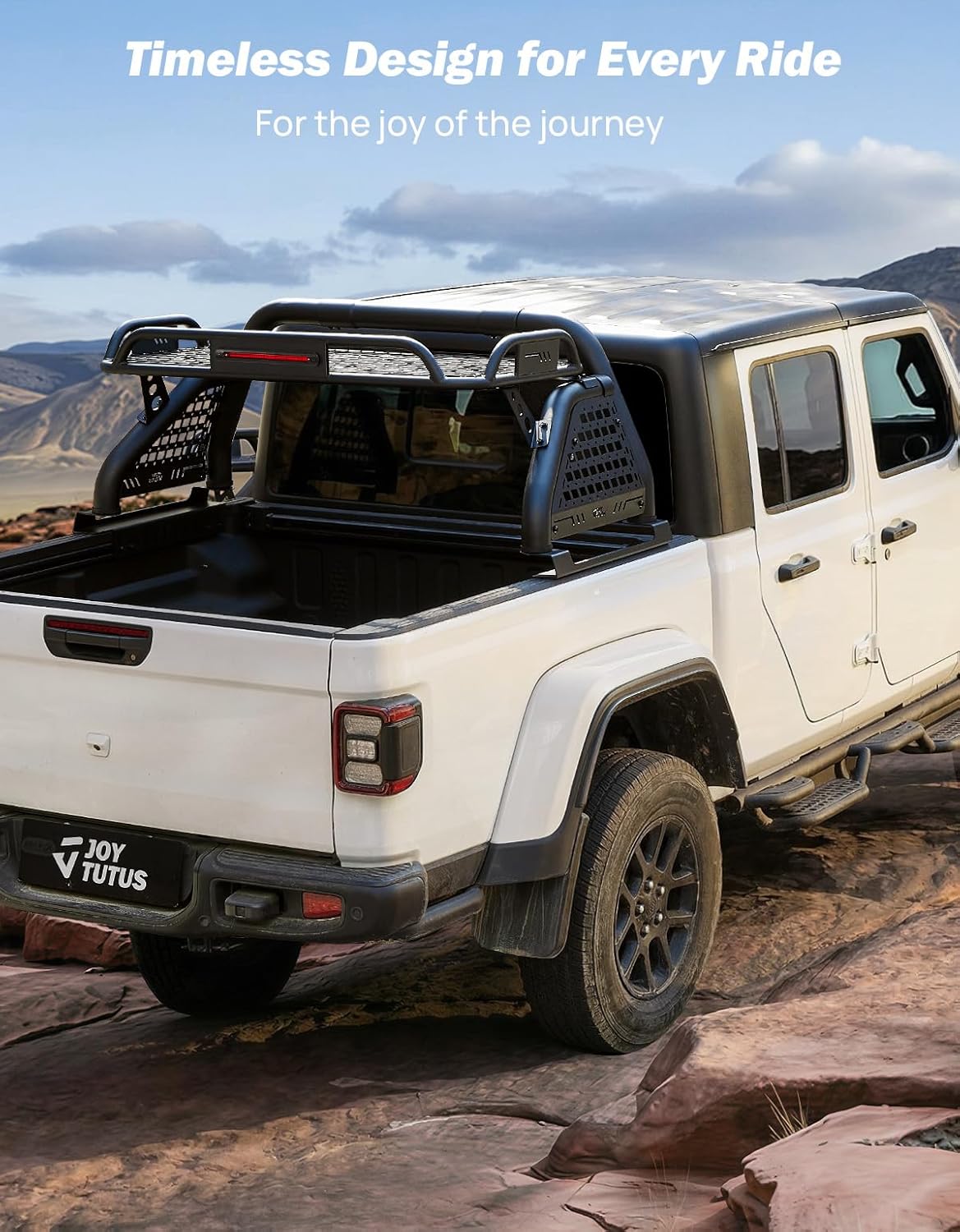 JOYTUTUS Roll Bar with Cargo Basket & Brake Light for Mid-Size Truck, Extendable Chase Rack Pickup Sports Bar Compatible with Tacoma, Gladiator JT, Frontier, Canyon, Colorado, Ranger