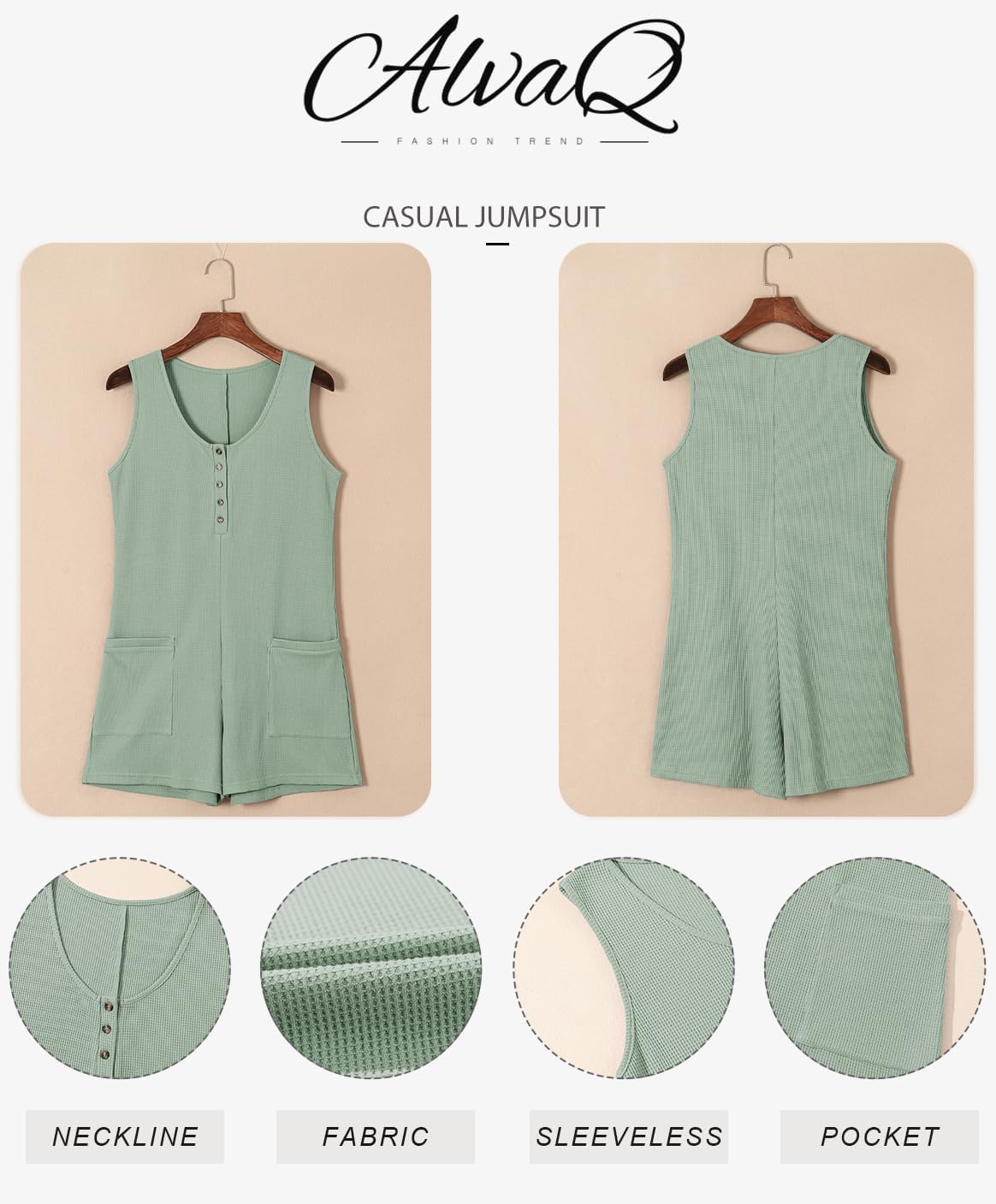 AlvaQ Womens Short Jumpsuits Solid Color Summer Casual Waffle Button Front Sleeveless Rompers with Pockets - Image 5