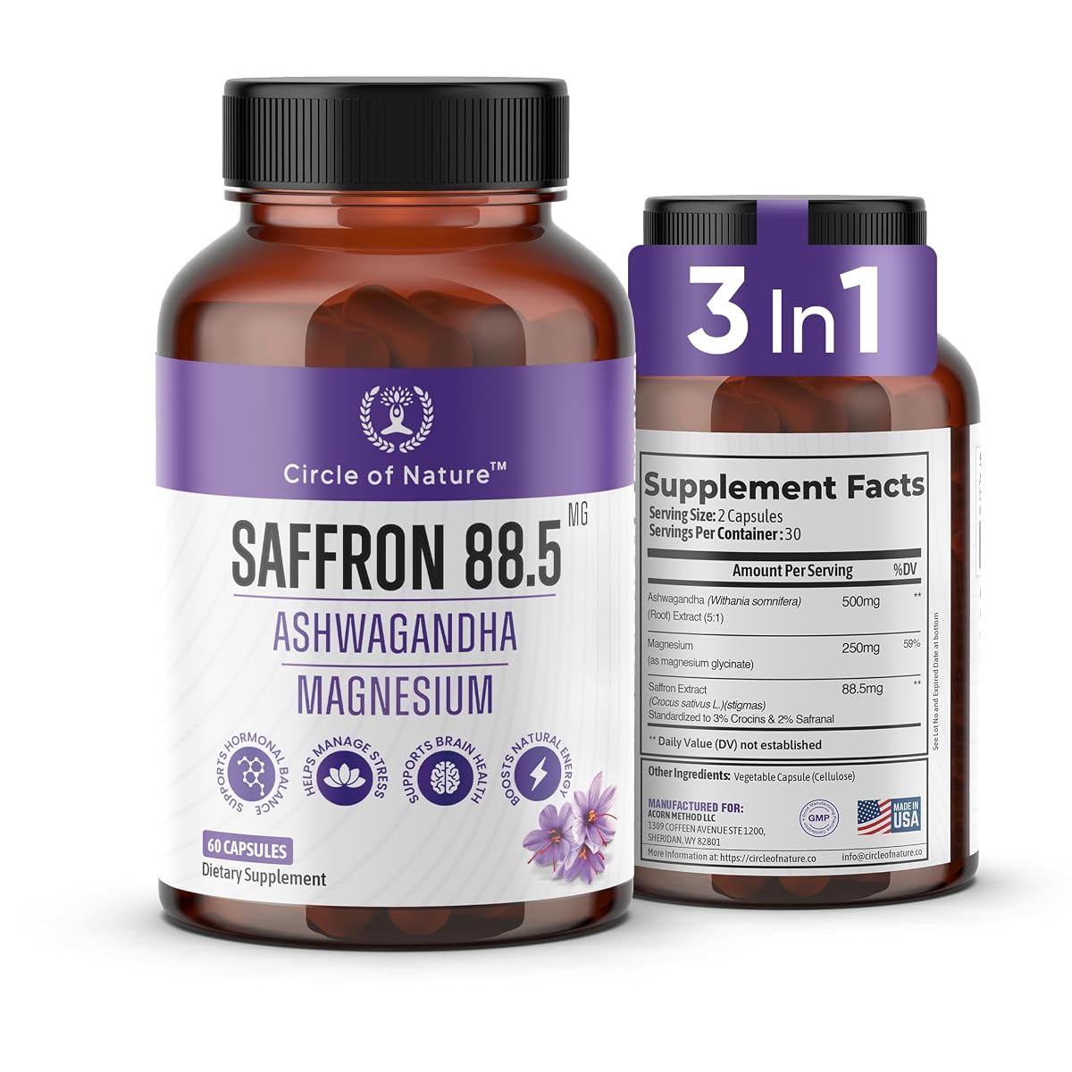 Circle Of Nature Saffron Dietary Support 88.5Mg Boosted With Ashwagandha &