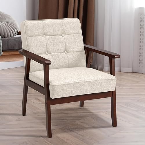 Miniatura 1 de Silla decorativa de mediados de siglo, sillón tapizado de lino individual con marco de madera maciza, silla auxiliar de madera, sofá retro para sala