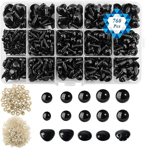 SOTOGO 760 piezas de plástico negro para ojos y narices con arandelas de varios tamaños para muñeca, títere, oso de peluche, animal de peluche