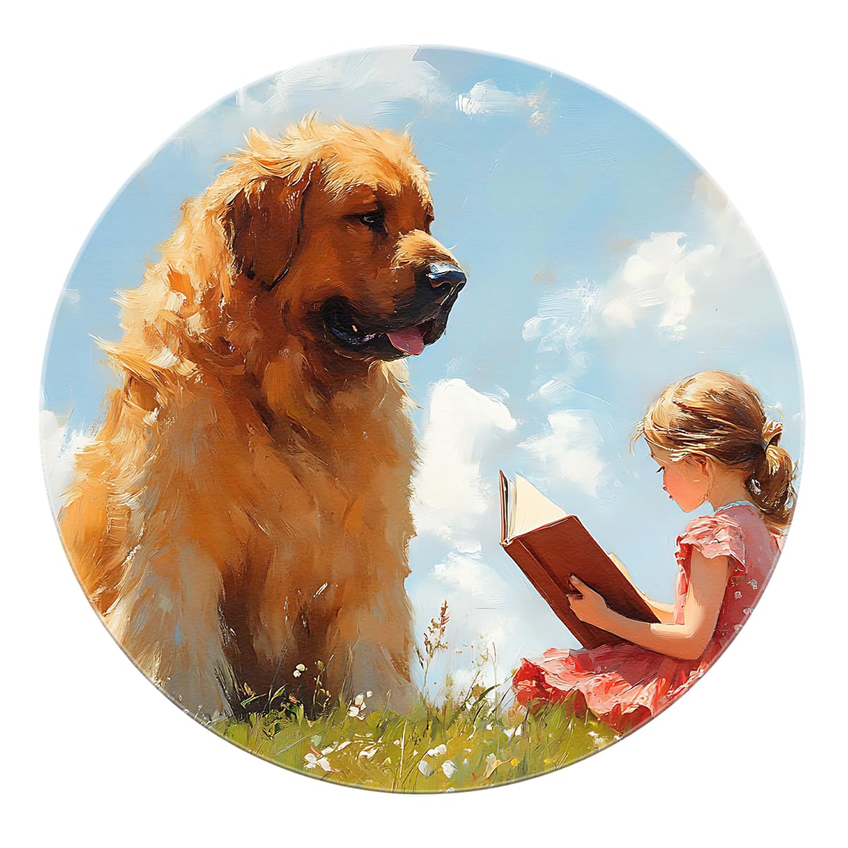 Okrągłe dywaniki Storytime 7 stóp Duży pies i dziewczyna Czytanie na łące Nadruk Dywan Niskie Włosy do salonu Sofa Gry Przyjaźń Dekoracja Podłogi