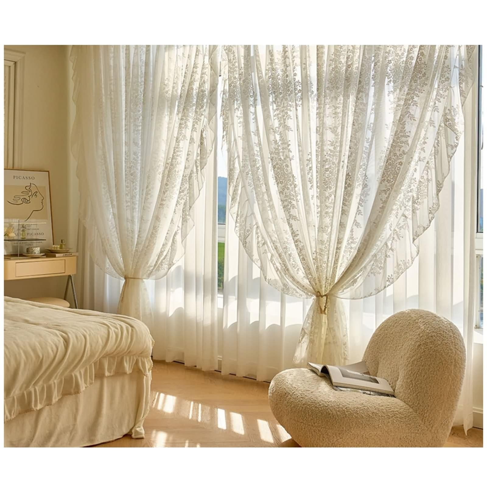 Rideaux voiles transparents filtrants, lot de 2 voilages de salon à motifs fleurs avec crochets