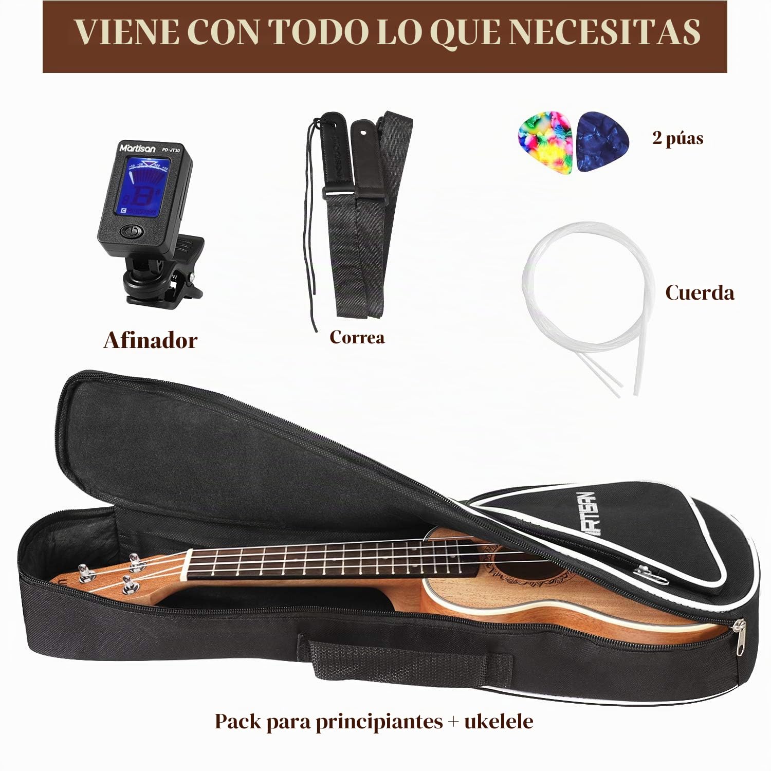 MARTISAN 21in Ukelele soprano Hawaiano Ukulele Aquila Cuerdas Incluye: Funda, Afinador, Cuerdas Extra, Correa Ajustable, Púas