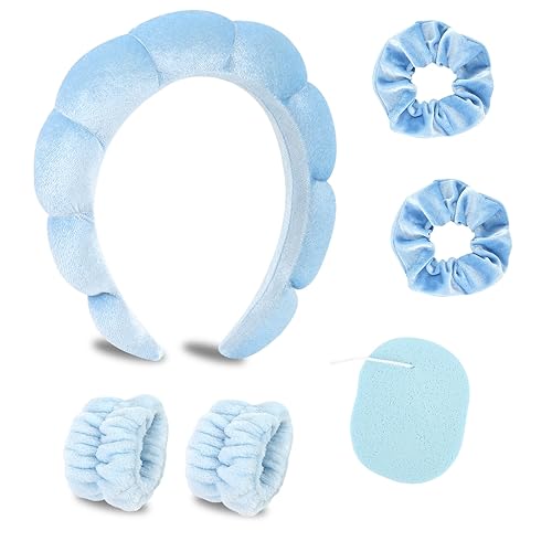CAVETEE Diadema de maquillaje para mujer, diadema de cuidado de la piel para lavar la cara, bonita diadema azul hinchada para spa con banda elástica