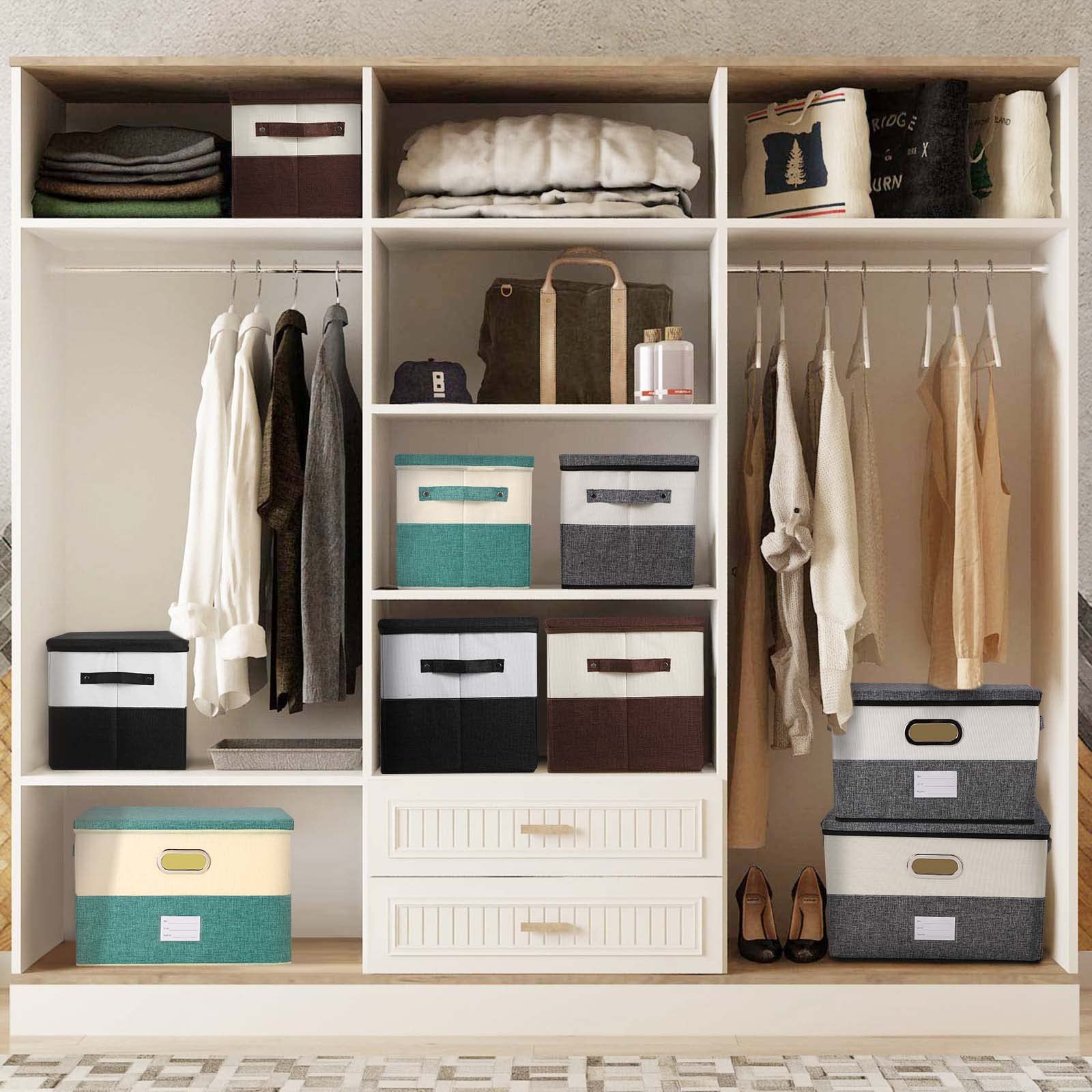 Contenedores grandes de tela de lino plegables con tapa y asas extraíbles, caja de almacenamiento lavable, cesta organizadora con cubierta para dormitorio, armario, oficina (blanco y negro,