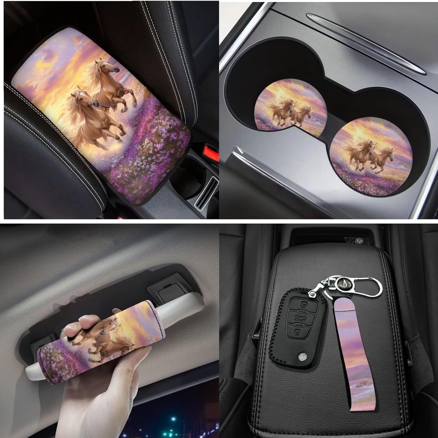 Purple Flower Horse 17 Pcs Car Accessories Seat Covers Full Set Steering Wheel Cover Floor Mats Center Console Pad Cup Holders Seat Belt Pads for Women Men Car Interior Decor