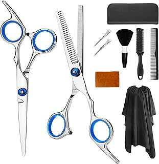 AUTENS Professional Hair Cutting Scissors Set 10 Pcs Hairdressing Scissors Kit, Thinning Shears, Hair Razor Comb, Clips, Cape, Hairdressing Scissors Kit, Barber set,Hair Cutting set for Women Men Kids