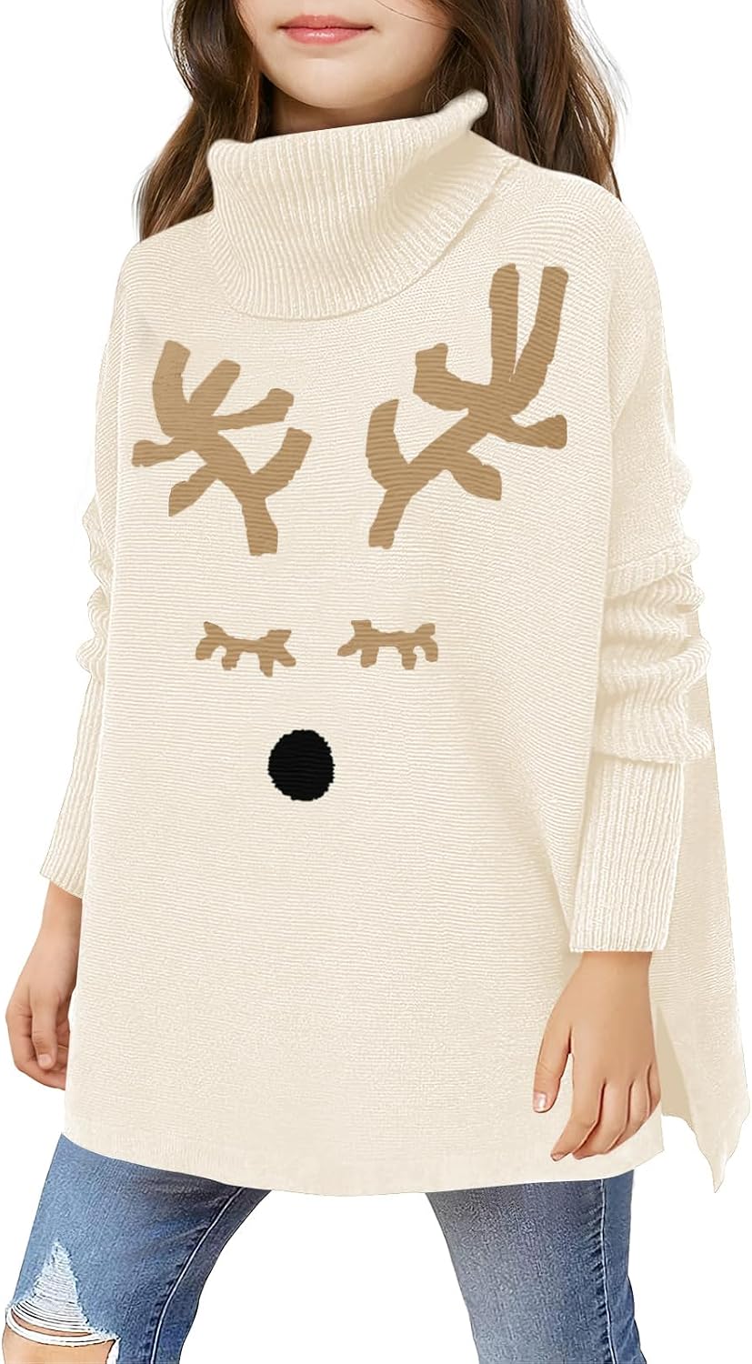 Haloumoning Girls Christmas Sweater Kids Oversized Turtleneck Cute Reindeer Sweaters with Side Slit