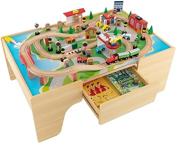 Train Table, 84 Pieces Wooden Kids Activity Toy Table Playset with Reversible Detachable Tabletop, Tracks, Train, Railway, City, Gift for Toddler Boys Girls 84PCS With Drawer