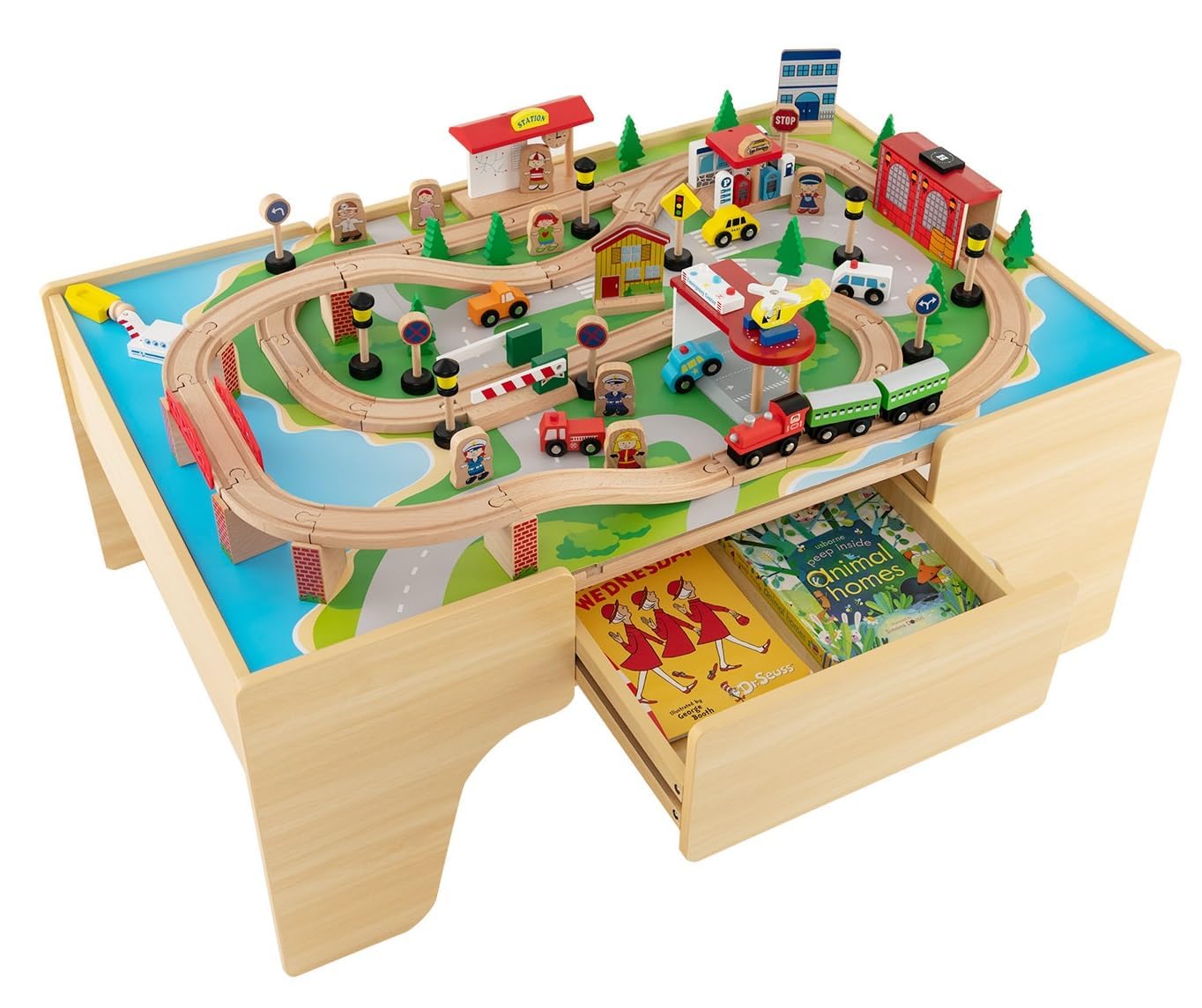 Train Table, 84 Pieces Wooden Kids Activity Toy Table Playset with Reversible Detachable Tabletop, Tracks, Train, Railway, City, Gift for Toddler Boys Girls (84PCS With Drawer)