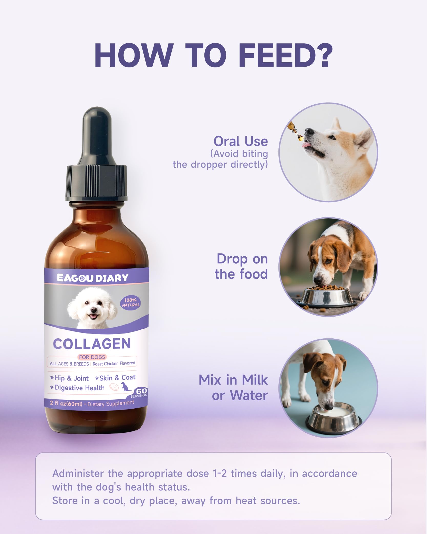 Eagou Diary Colágeno para Perros - Apoyo para Caderas y Articulaciones, Salud de la Piel y el Pelaje, Glucosamina, MSM, Aceite de Coco, Vitaminas C y E, Biotina - Salud Digestiva e Inmunológica, 60ml