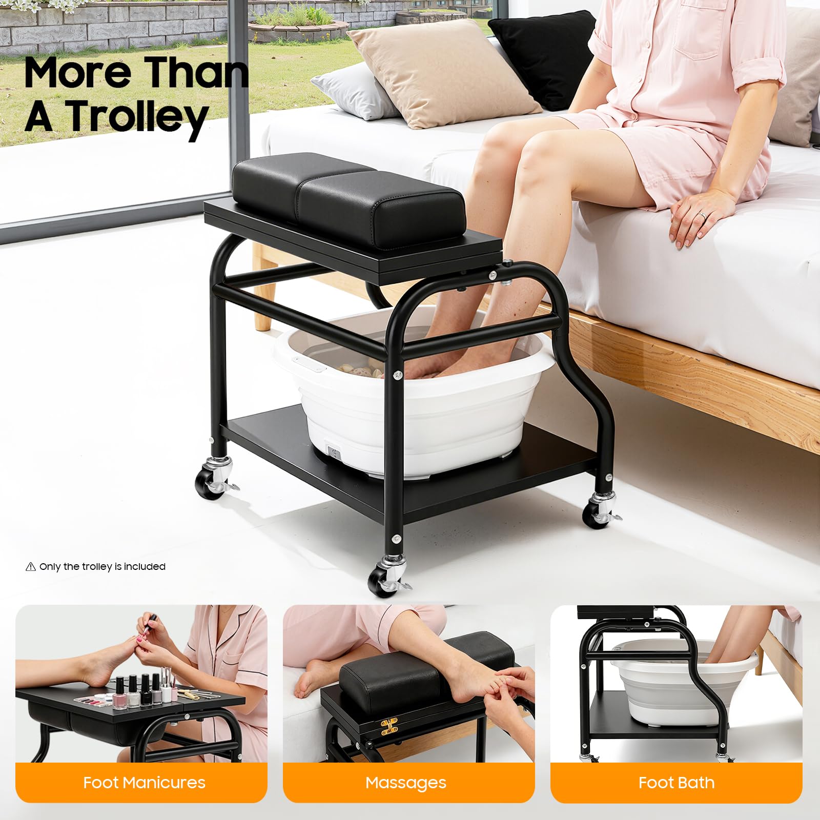Wózek do kąpieli stóp z 2 poziomami – mobilny taboret do kąpieli stóp do studia paznokci i spa, taboret do pielęgnacji stóp, taboret z miejscem do przechowywania | wózek do pedicure i manicure (czarny