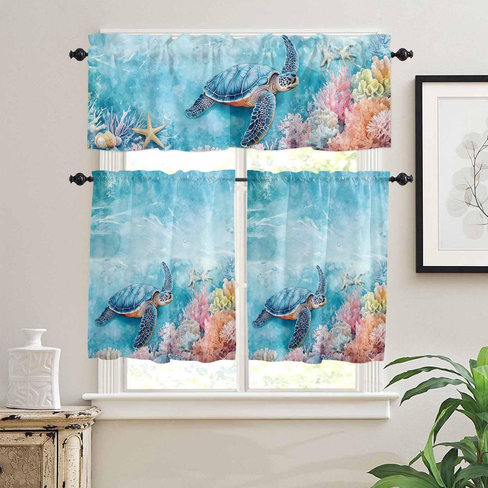 Ocean Turtle Kitchen Curtains 36 Inch Length,3 Piece Rod Pocket Small Half Tiers and Valance Set,Underwater Animals Coral Starfish Colorful Small Large Window Treatment Decor for Bedroom/Bathroom