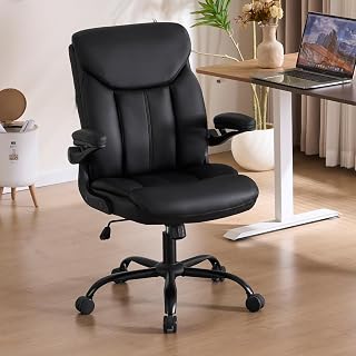 PU Leather Office Chair, Comfy Computer Desk Chairs, Ergonomic Executive Chair with Tilt Lock Back Support 360° Swivel, Small Gaming Chair with Wheels and Padded Flip-Up Arms for Work, Study