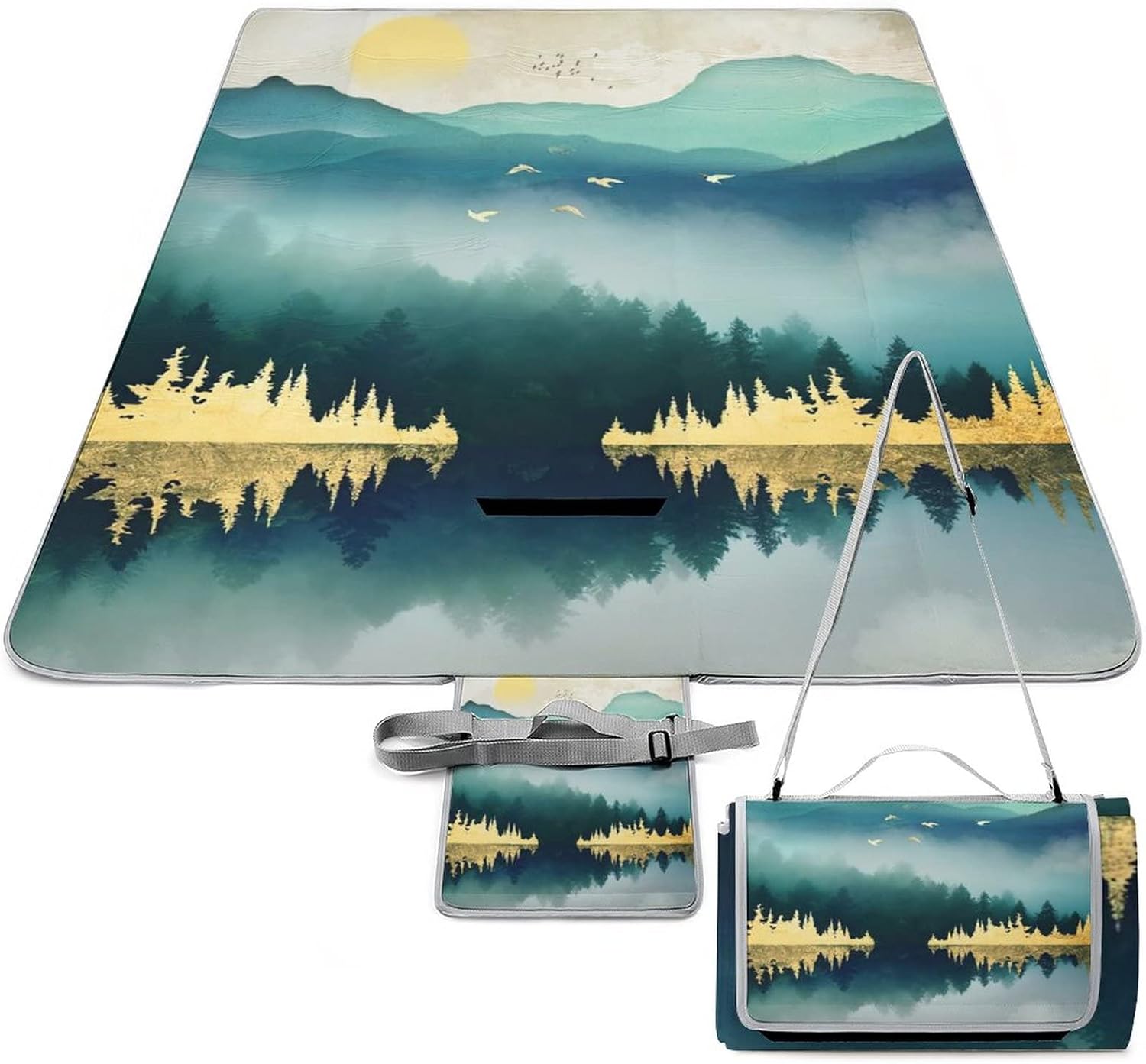 Modern Abstract Forest Soft Waterproof Folding Picnic Blanket Mountain Colorful Japanese Style Geometric Stripe Art Print for The Beach Camping on Grass Waterproof Sandproof 58.3x58.3 Inch