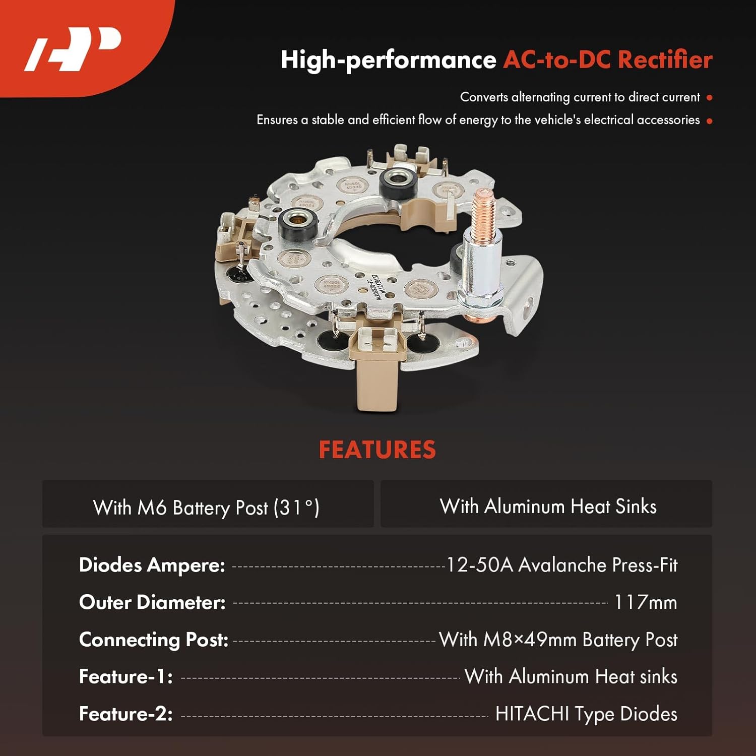 A-Premium Alternator Rectifier Compatible with Chevrolet Equinox, Malibu, Impala & Kia Sorento, Sedona & Hyundai Santa Fe, Genesis, Azera & Buick LaCrosse, Lucerne & Cadillac CTS & Saturn & Pontiac