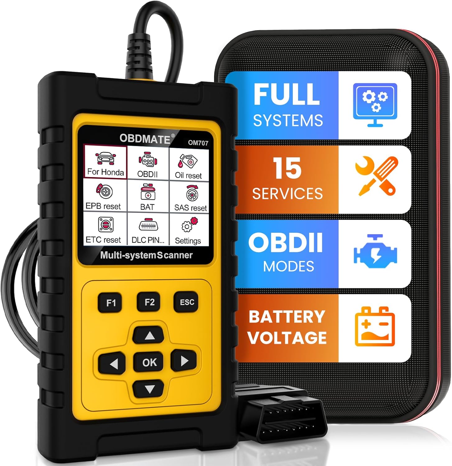 OM707 OBD2 Scanner for Honda Acura, Full Systems Diagnostic Tool, 15 Popular Reset Services, Auto VIN, Battery Test, One-Key I/M Readiness, No Subscriptions Lifetime Update