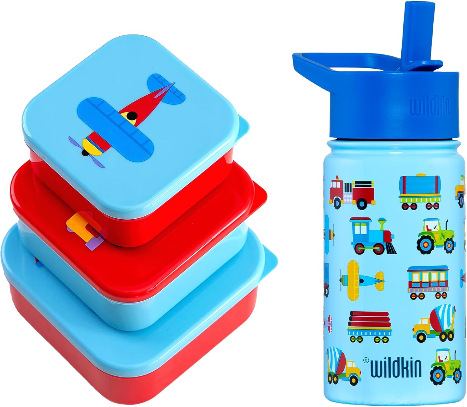 Wildkin 14 Oz Stainless Steel Water Bottle and Nested Snack Containers Bundle for Organize and On-the-Go Refreshment (Trains, Planes & Trucks)