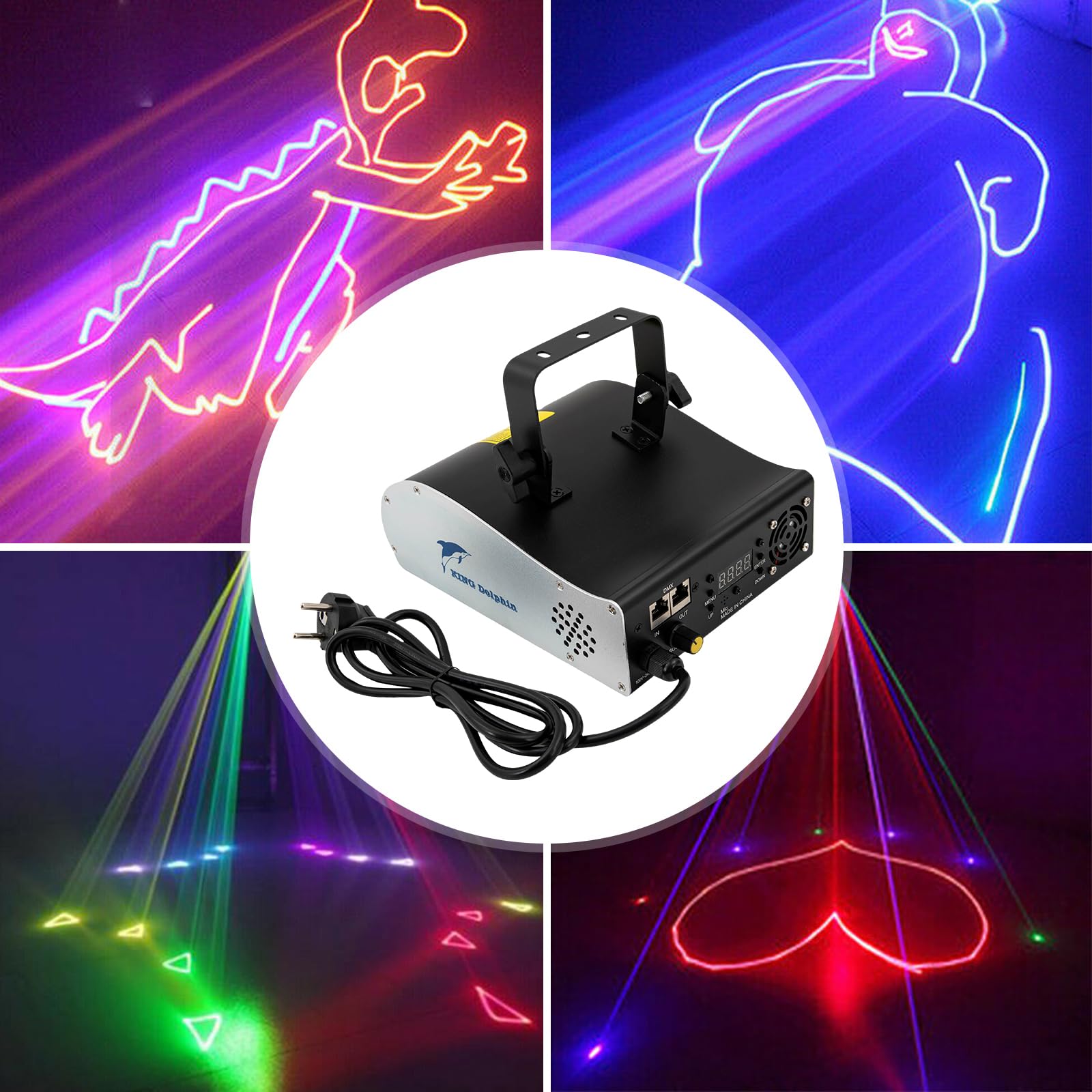 Luz de fiesta láser para escenarios, 2 W, luz láser RGB a todo color, soporte ajustable, sistema de escaneo ± 20°, 250 + animaciones, control de sonido, ventilador integrado, ideal para fiestas de DJ
