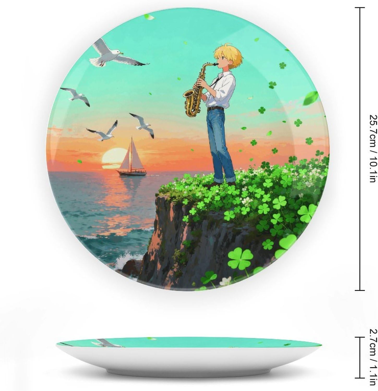 Coastal Singing Decorative Plates Bone China Plates with Stand for Display 10inch Round Ceramic Dinner Plates Dessert Plate for Kitchen Party Coffee Table Decor Art