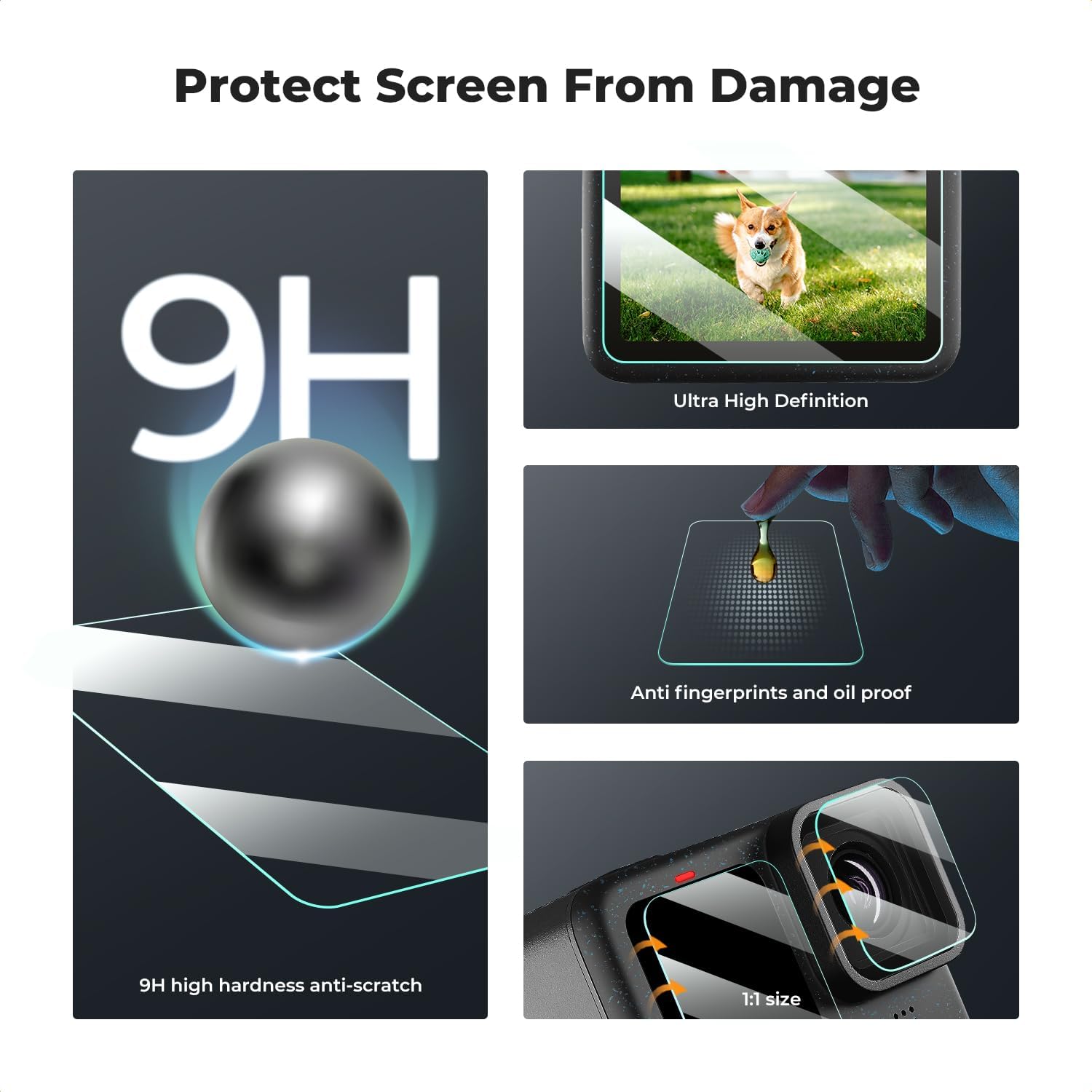K&F Concept 9pcs Screen Protector Compatible with GoPro Hero 12 /Hero 11 /Hero 10 /Hero 9 Black, Ultra Clear Tempered Glass Screen Protector + Lens Protector + Front LCD Display Film
