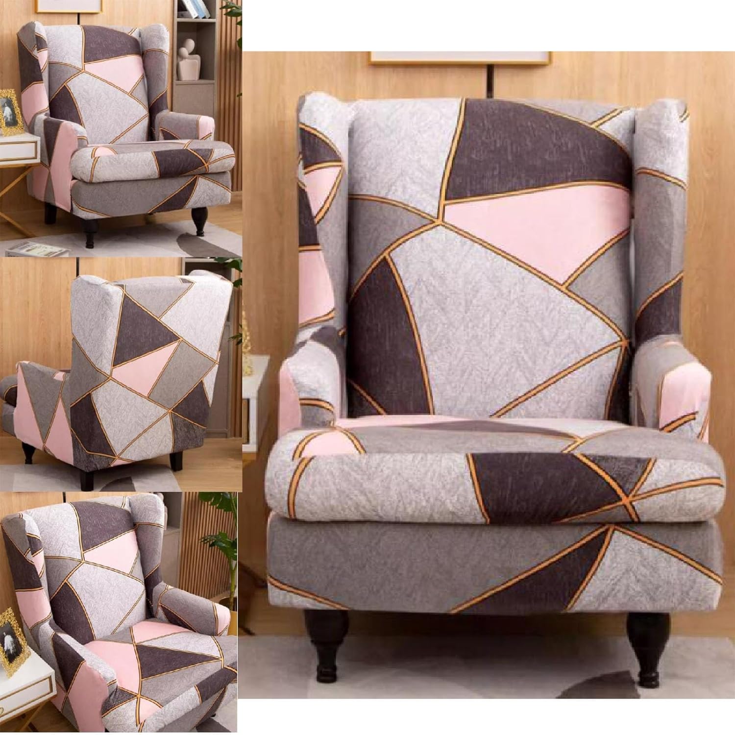 Wingback Chair Printing Covers,Wingback Chair Cover Slipcovers 2 Piece Stretch Wing Chair Covers Spandex Sofa/Armchair Non-Slip Furniture Protector for Living Room(Peige)