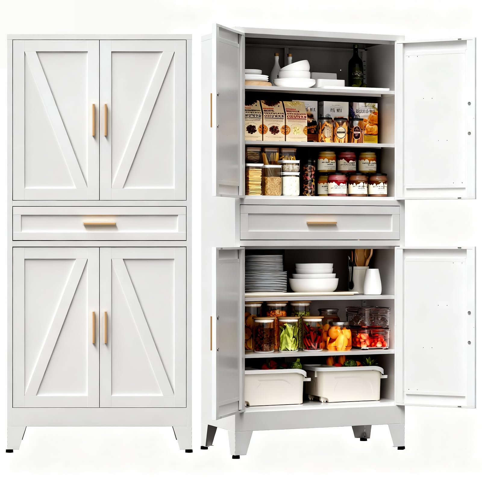 COFaR 71" Farmhouse Metal Pantry Cabinet with Drawer, White