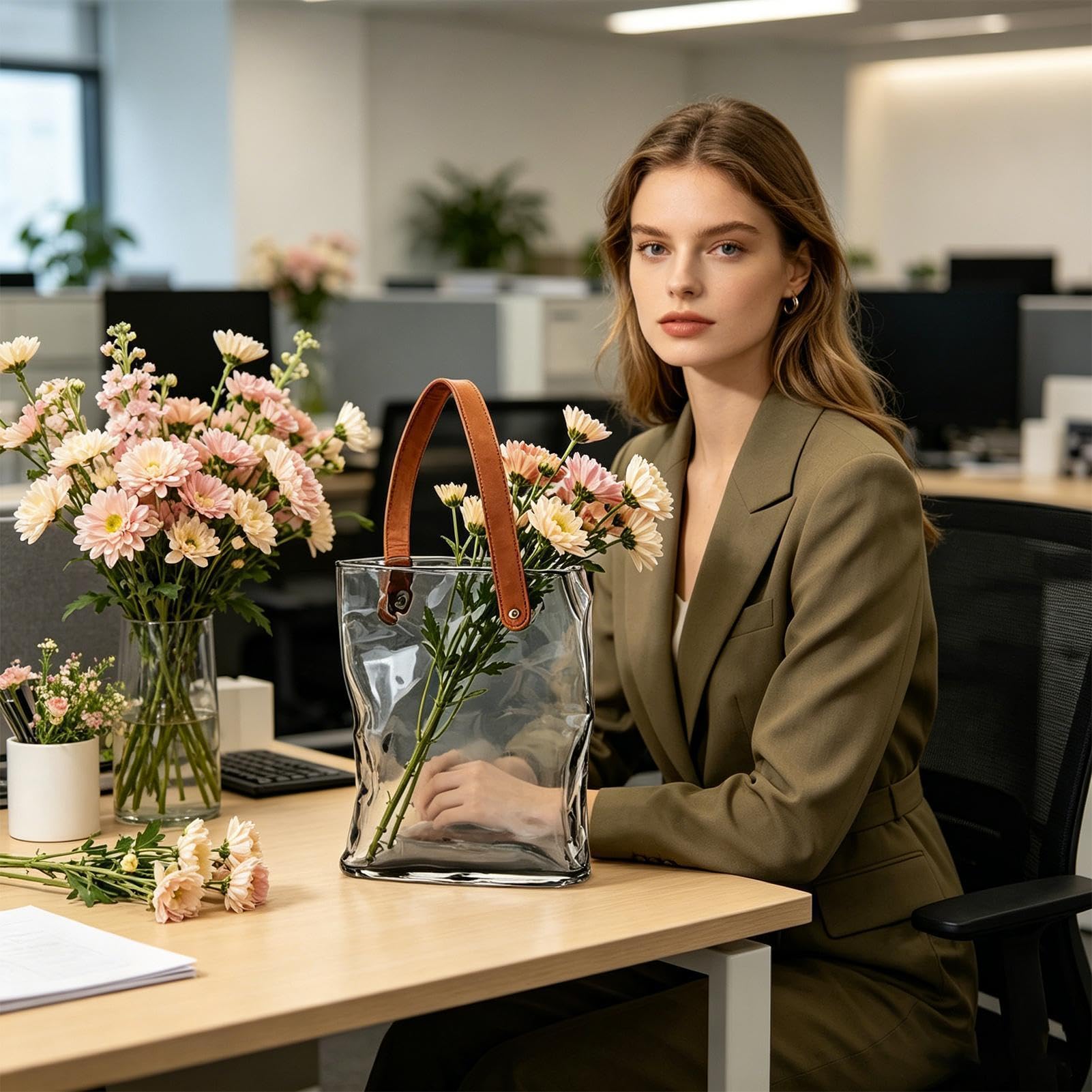 Taschen-Blumenvase Moderne Wohndeko Tischdekoration | Dekorative Glasvasen für Blumen Schlafzimmer Wohnzimmer Landhausstil Schreibtisch Tisch Geburtstag Einweihung Hochzeit