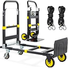 3-in-1 Folding Hand Trucks, 600Lbs Convertible Hand Truck Dolly, Heavy Duty Convertible Dolly with Retractable Handle and 4 Rubber Wheels, Collapsible Cart for Moving Office/Home/WarehousYellow