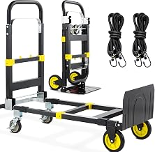 3-in-1 Folding Hand Trucks, 600Lbs Convertible Hand Truck Dolly, Heavy Duty Convertible Dolly with Retractable Handle and 4 Rubber Wheels, Collapsible Cart for Moving Office/Home/Warehous(Yellow)