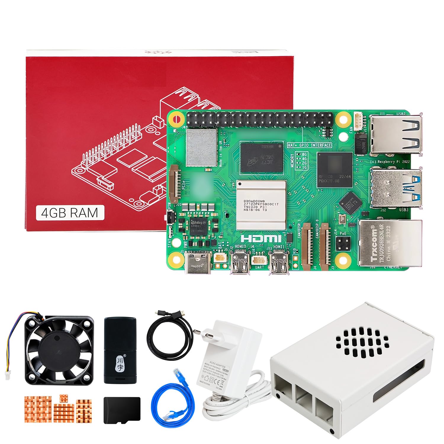 Yahboom Raspberry Pi 5 4GB Starter Kit with 64GB SD Card | Raspberry Pi 5 Aluminum Case Passive Cooling, 27W 5.1V 5A USB C Power Supply, HDMI Cable (4GB-Metal Case Kit)