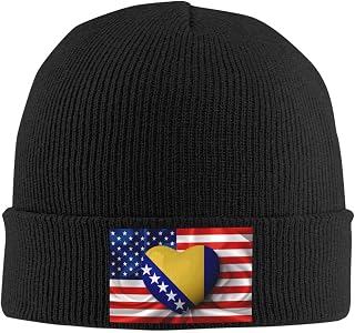 Beanie Knit Hat Bosnia Bosnian American Flag USA Friendship Love Skull Cap Unisex Winter Warm Beanie Woolen Hats Lightweight Soft Elastic Force Cuffed Cap for Man Women Black