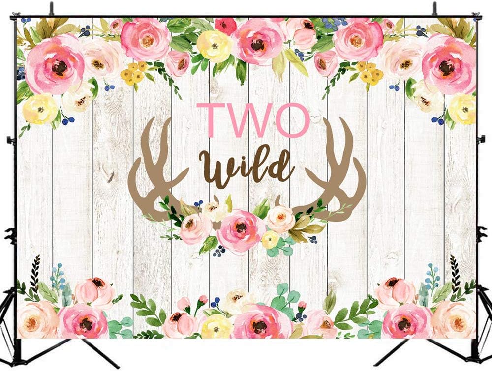Avezano 8x6ft Two Wild Birthday Backdrop Girls Floral Watercolor Antlers Deer 2nd Birthday Background Vinyl Boho Rustic Two Wild Birthday Backdrops Decorations