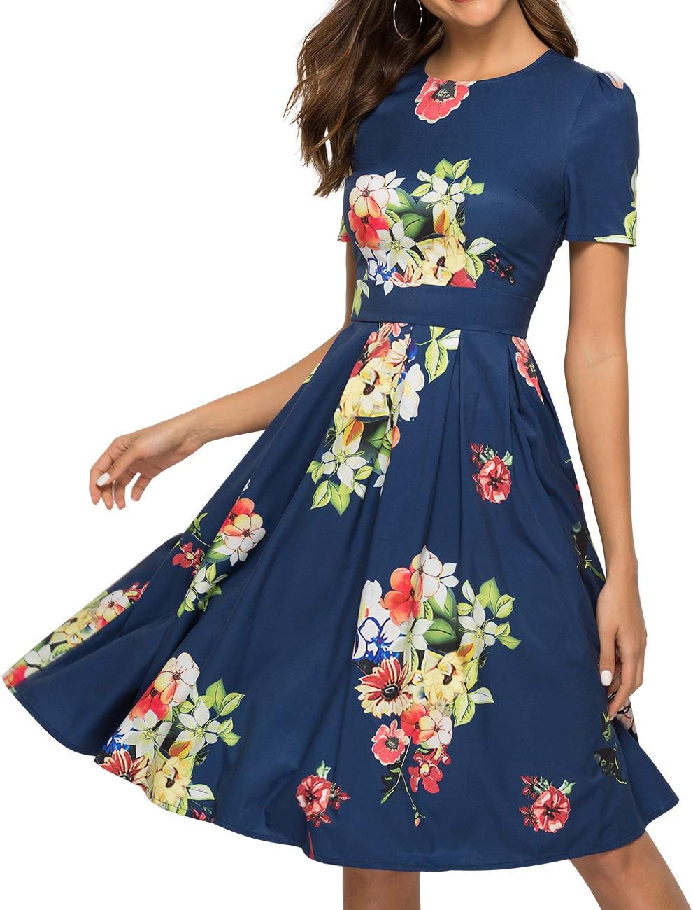 Simple Flavor Women's Floral Summer Midi Dress Vintage Evening Dress Short Sleeve