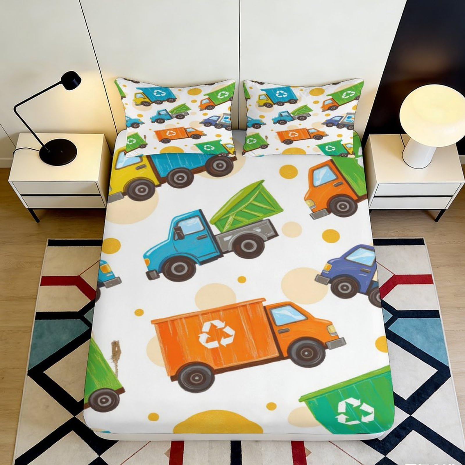 3D Printed Cartoon Garbage Truck Fitted Sheet Microfiber Colourful Recycle Car Mattress Cover for Bedroom Dorm Home Decor 90x200x25cm