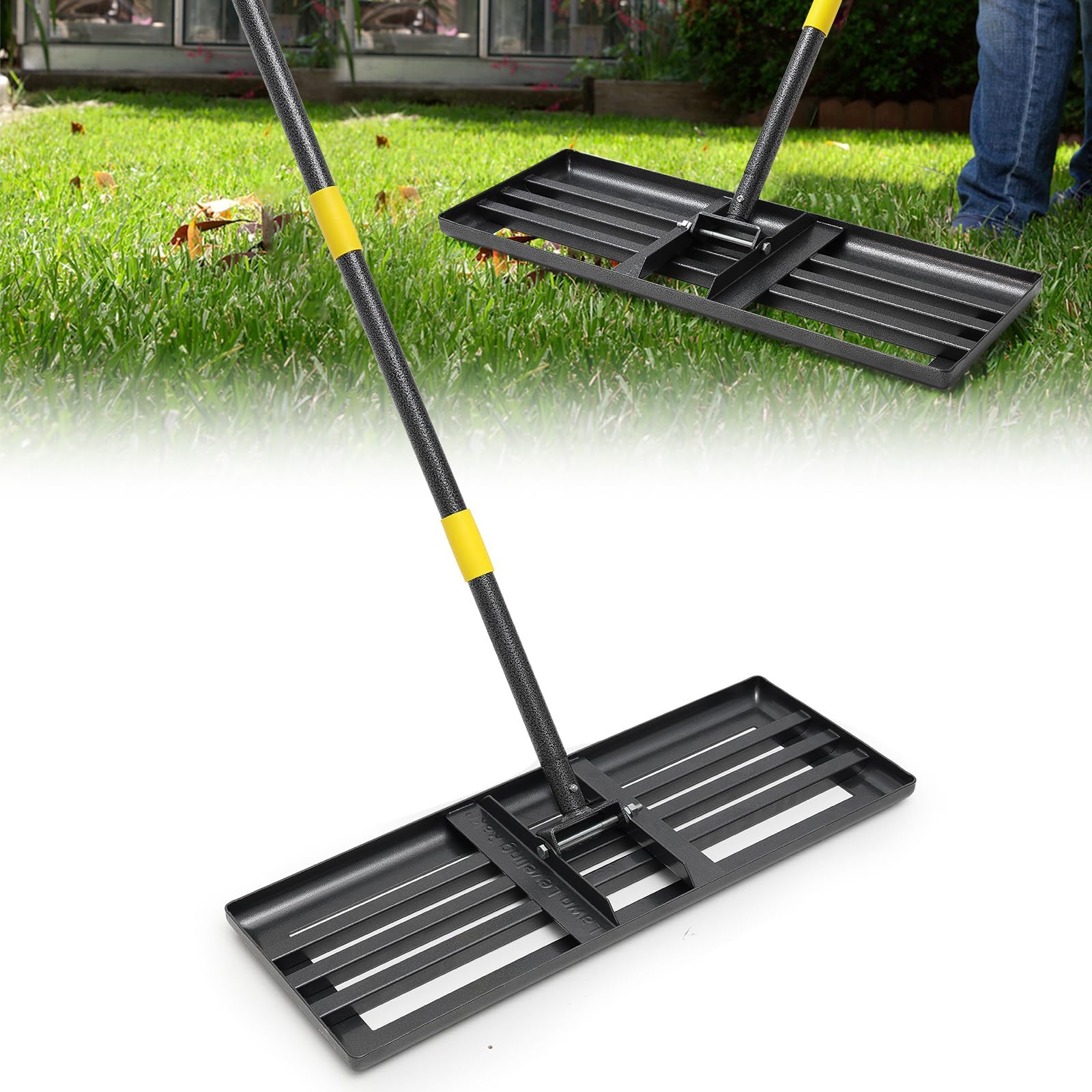 Rastrillo de césped grande de 183 cm, rastrillo de nivelación de césped de metal resistente con cabeza de 76 cm, rastrillo de jardín para nivelar el suelo, esparcir compost, eliminar escombros